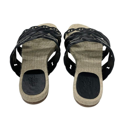 Hermes Gwen Sandals Shoes Leather Black Espadrilles Chaine D'ancre Flats