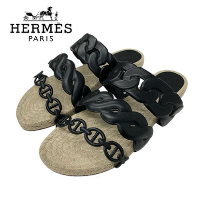 Hermes Gwen Sandals Shoes Leather Black Espadrilles Chaine D'ancre Flats