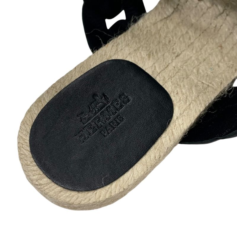 Hermes Gwen Sandals Shoes Leather Black Espadrilles Chaine D'ancre Flats