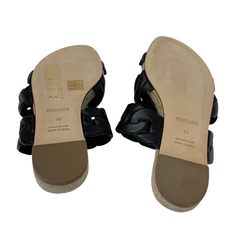 Hermes Gwen Sandals Shoes Leather Black Espadrilles Chaine D'ancre Flats