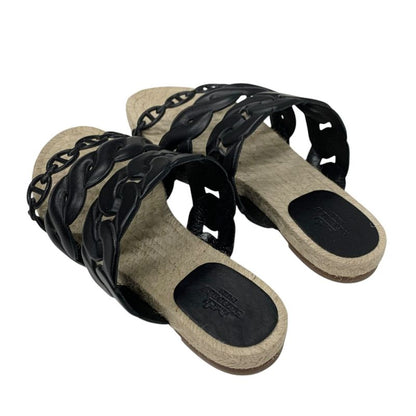 Hermes Gwen Sandals Shoes Leather Black Espadrilles Chaine D'ancre Flats