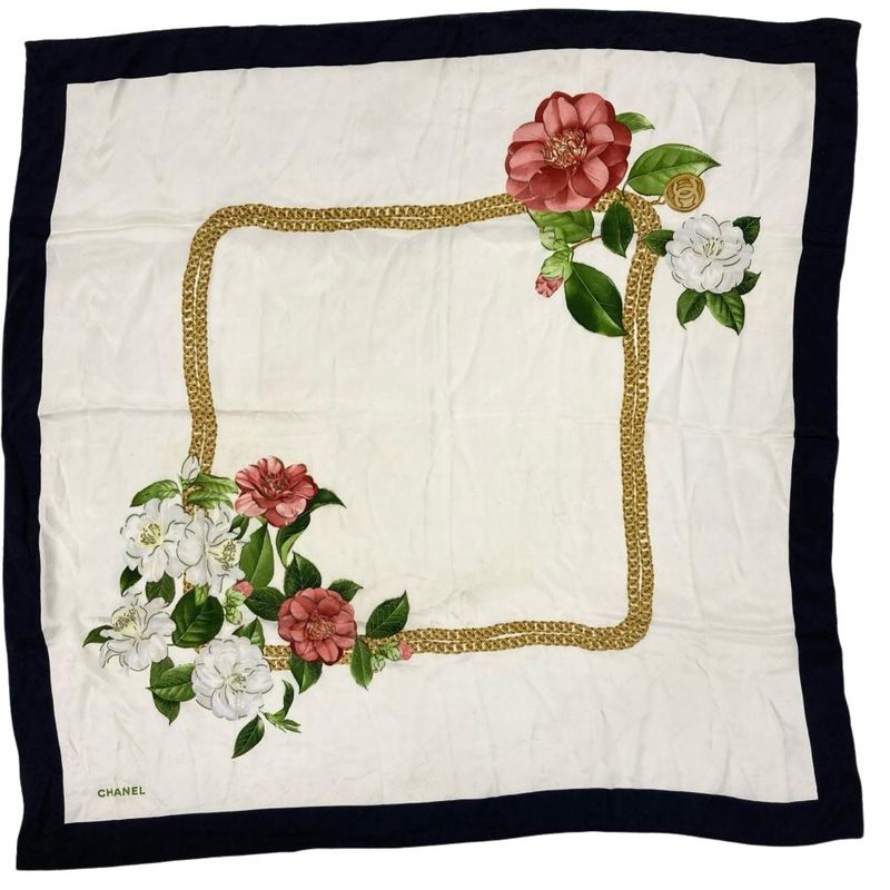 Chanel Chain Square Scarf Black 90cm (35.43in) Floral Pattern Women