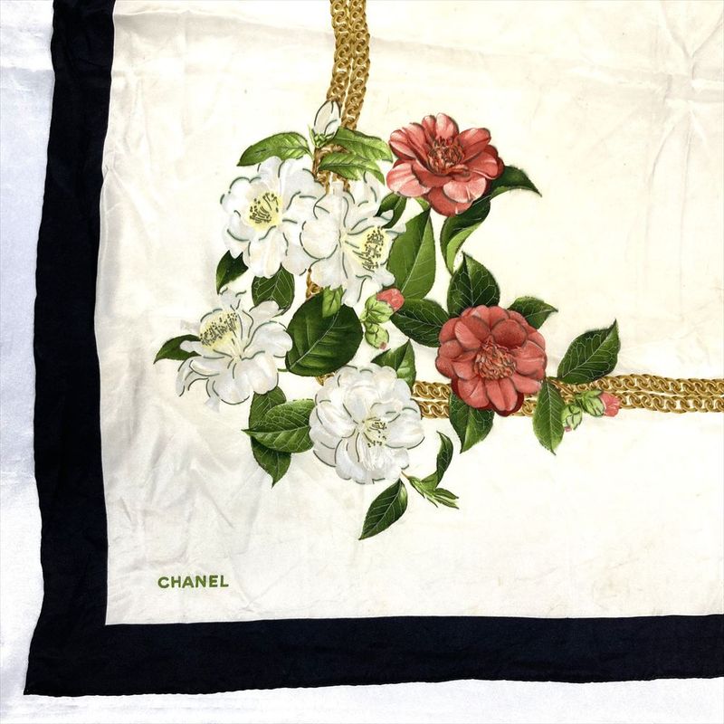 Chanel Chain Square Scarf Black 90cm (35.43in) Floral Pattern Women
