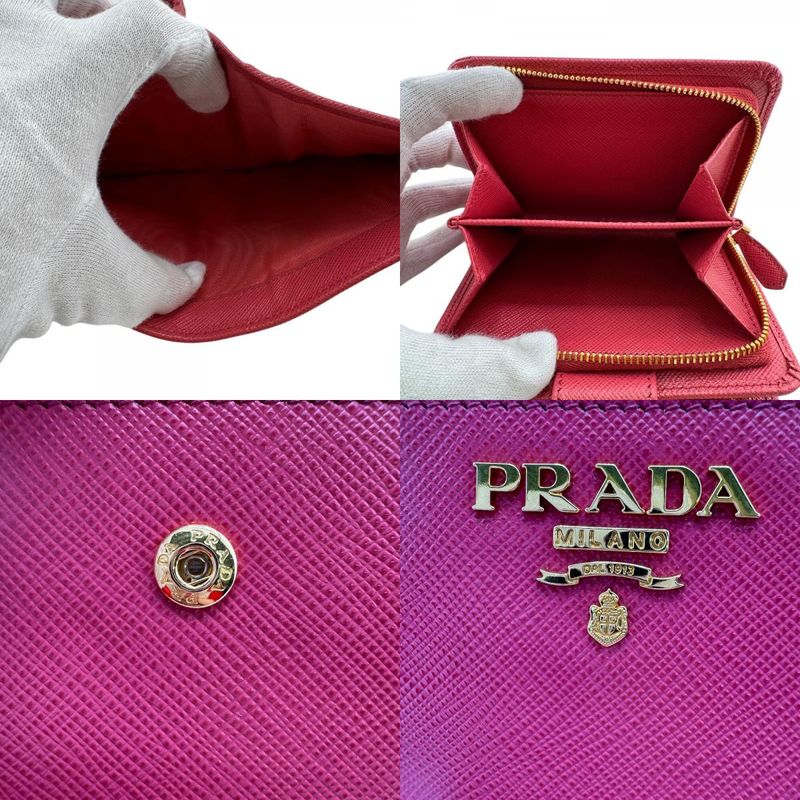 Prada 1ml018 Compact Wallet Saffiano Logo Fold Wallet Pink Ladies