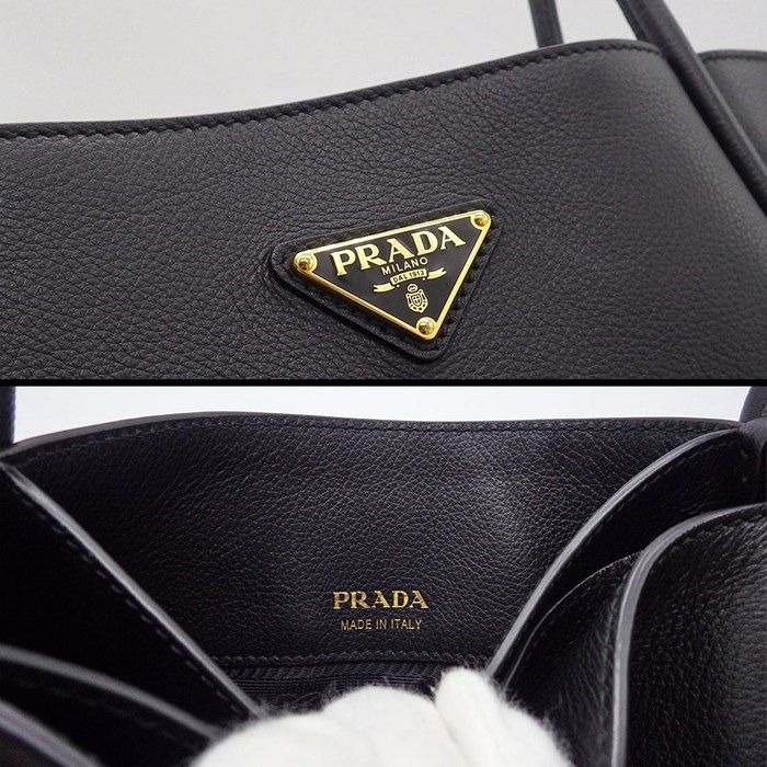 Prada Tote Bag Soft Grain Triangle Logo Mini Tote 1bg539 Black Leather Gold
