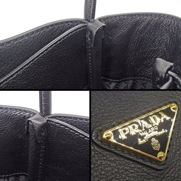 Prada Tote Bag Soft Grain Triangle Logo Mini Tote 1bg539 Black Leather Gold