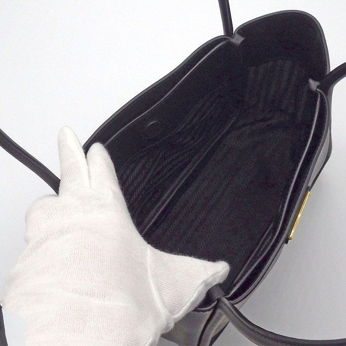 Prada Tote Bag Soft Grain Triangle Logo Mini Tote 1bg539 Black Leather Gold