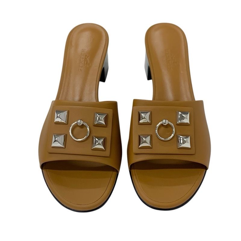 Hermes Dreamy Sandals Shoes Leather Brown Silver Unused Corriedo Chien Mule