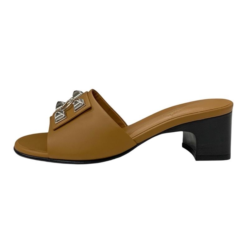 Hermes Dreamy Sandals Shoes Leather Brown Silver Unused Corriedo Chien Mule