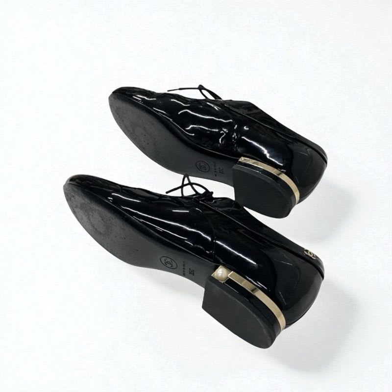 Chanel Loafers Leather Shoes Patent Fake Pearl Black Here Mark Lace Up