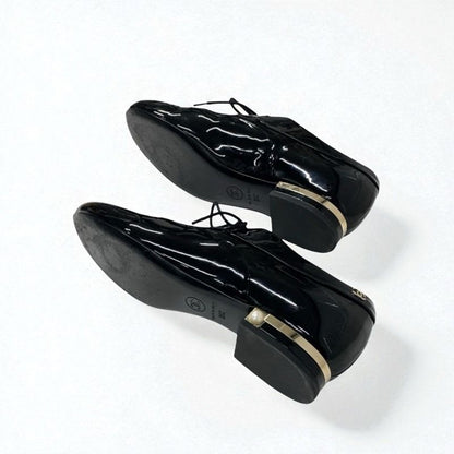 Chanel Loafers Leather Shoes Patent Fake Pearl Black Here Mark Lace Up