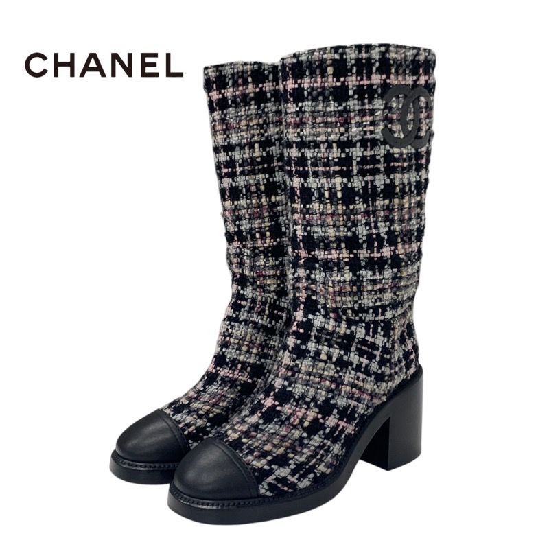 Chanel Boots Long Boots Shoes Tweed Leather Black Multicolor Black Here Mark