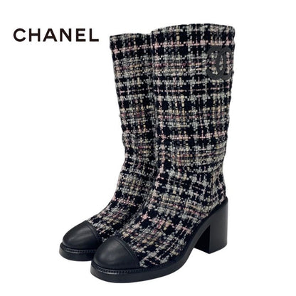 Chanel Boots Long Boots Shoes Tweed Leather Black Multicolor Black Here Mark