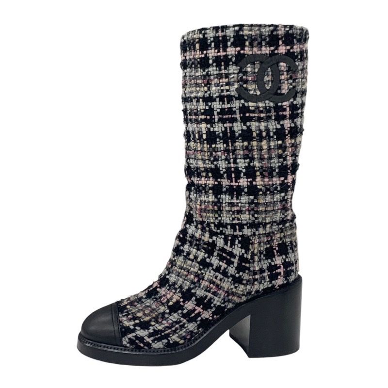 Chanel Boots Long Boots Shoes Tweed Leather Black Multicolor Black Here Mark