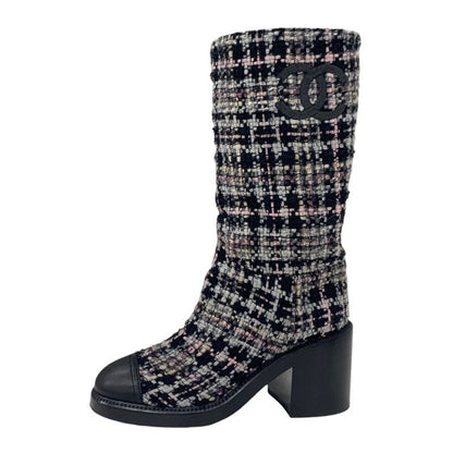Chanel Boots Long Boots Shoes Tweed Leather Black Multicolor Black Here Mark