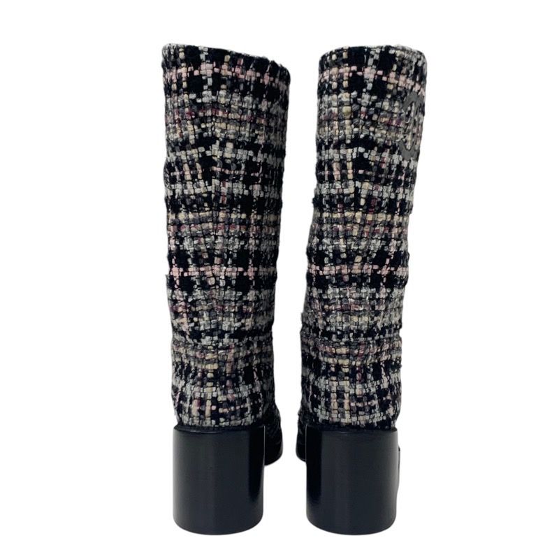 Chanel Boots Long Boots Shoes Tweed Leather Black Multicolor Black Here Mark