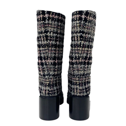 Chanel Boots Long Boots Shoes Tweed Leather Black Multicolor Black Here Mark