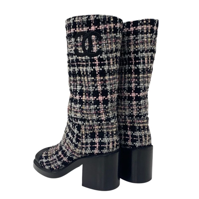 Chanel Boots Long Boots Shoes Tweed Leather Black Multicolor Black Here Mark