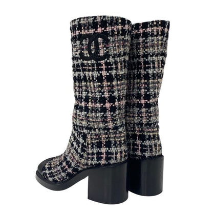 Chanel Boots Long Boots Shoes Tweed Leather Black Multicolor Black Here Mark