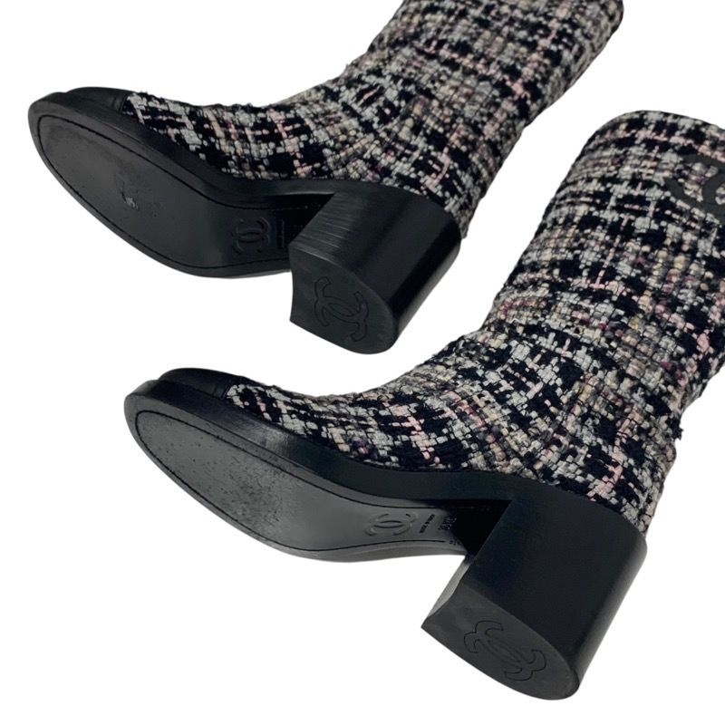Chanel Boots Long Boots Shoes Tweed Leather Black Multicolor Black Here Mark