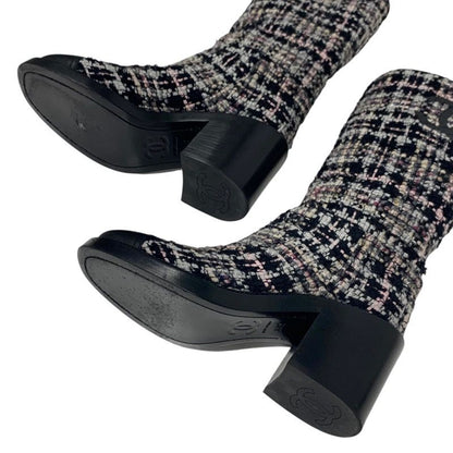Chanel Boots Long Boots Shoes Tweed Leather Black Multicolor Black Here Mark