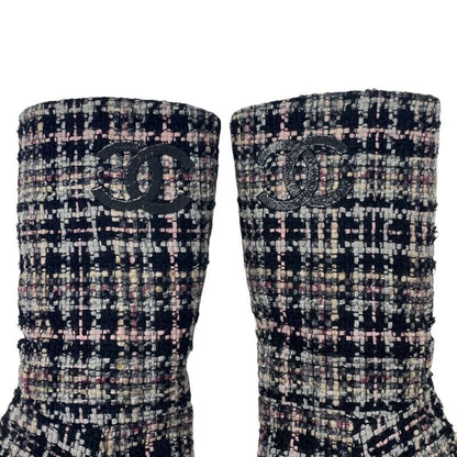 Chanel Boots Long Boots Shoes Tweed Leather Black Multicolor Black Here Mark