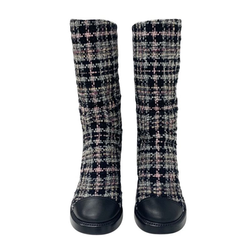 Chanel Boots Long Boots Shoes Tweed Leather Black Multicolor Black Here Mark