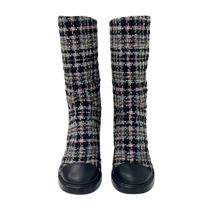 Chanel Boots Long Boots Shoes Tweed Leather Black Multicolor Black Here Mark