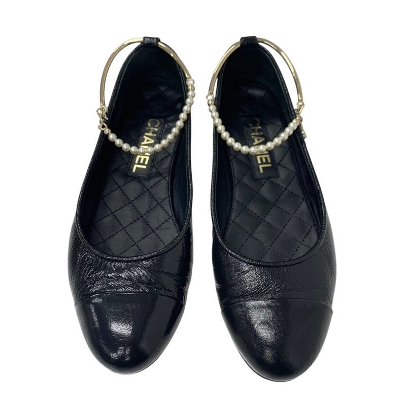 Chanel Flat Shoes Leather Black Gold Ballet Shoes Ballerina Here Mark Pearl