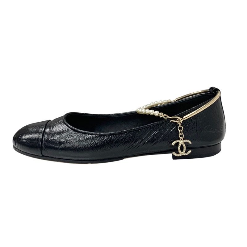 Chanel Flat Shoes Leather Black Gold Ballet Shoes Ballerina Here Mark Pearl