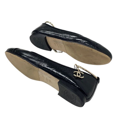 Chanel Flat Shoes Leather Black Gold Ballet Shoes Ballerina Here Mark Pearl