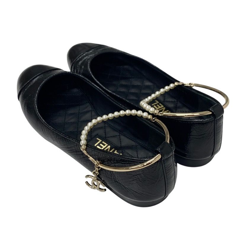 Chanel Flat Shoes Leather Black Gold Ballet Shoes Ballerina Here Mark Pearl