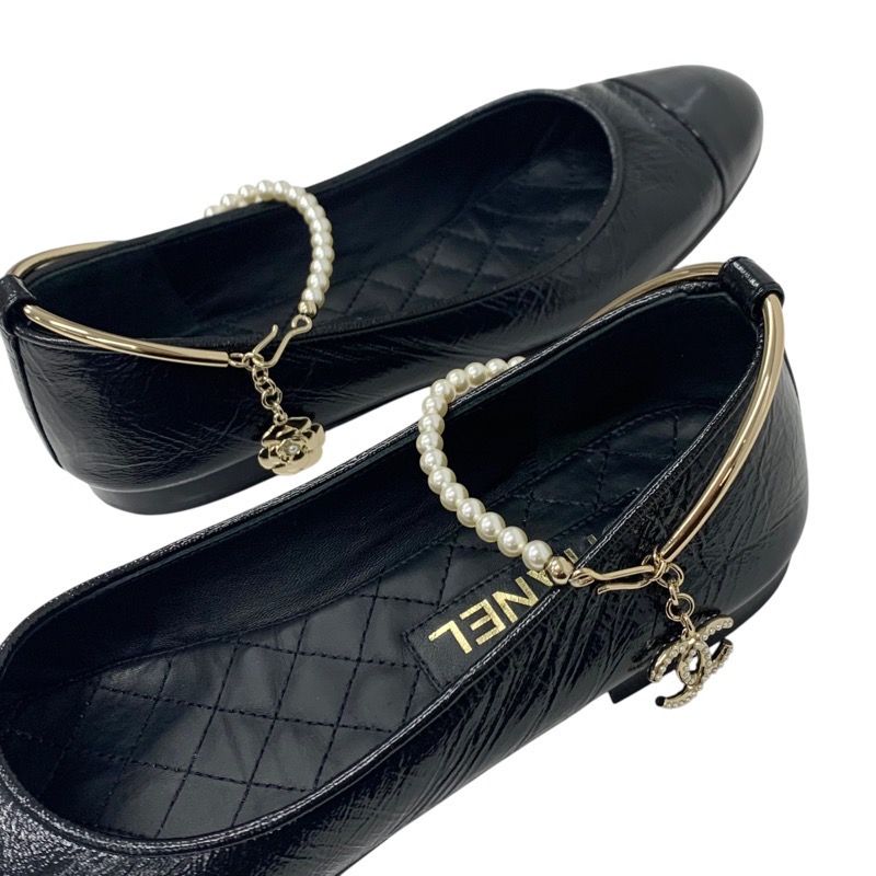 Chanel Flat Shoes Leather Black Gold Ballet Shoes Ballerina Here Mark Pearl