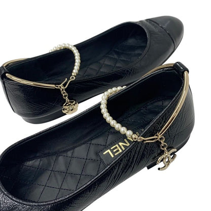 Chanel Flat Shoes Leather Black Gold Ballet Shoes Ballerina Here Mark Pearl