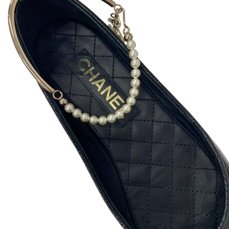 Chanel Flat Shoes Leather Black Gold Ballet Shoes Ballerina Here Mark Pearl