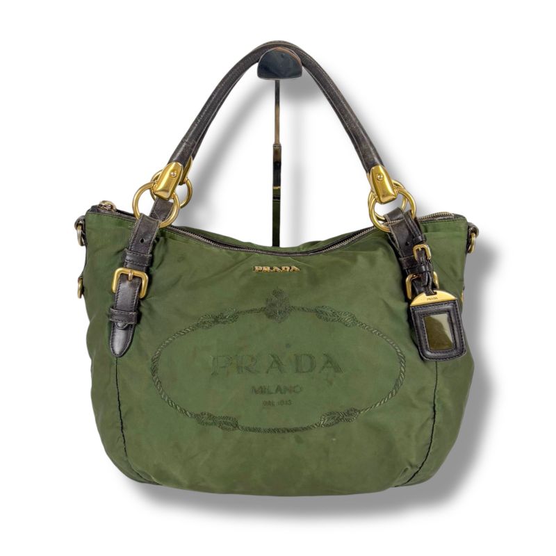 Prada 2WAY Shoulder Bag Tote Bag Tessuto Nylon Leather Khaki Green