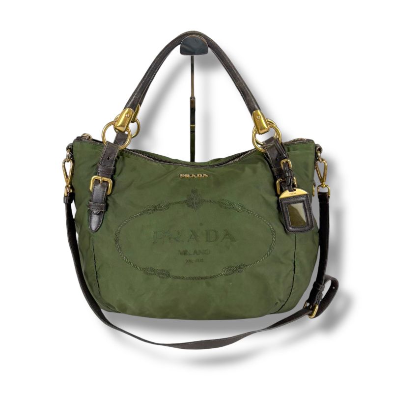 Prada 2WAY Shoulder Bag Tote Bag Tessuto Nylon Leather Khaki Green