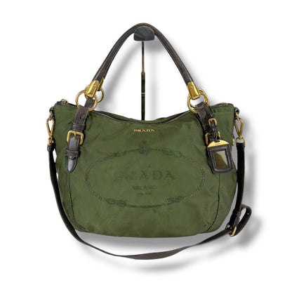 Prada 2WAY Shoulder Bag Tote Bag Tessuto Nylon Leather Khaki Green