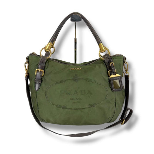 Prada 2WAY Shoulder Bag Tote Bag Tessuto Nylon Leather Khaki Green