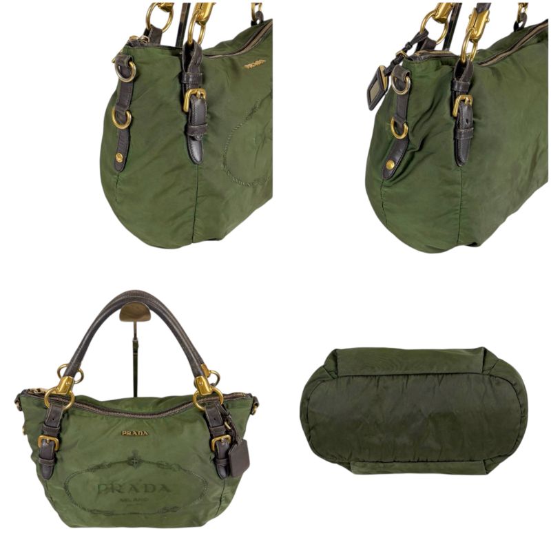 Prada 2WAY Shoulder Bag Tote Bag Tessuto Nylon Leather Khaki Green