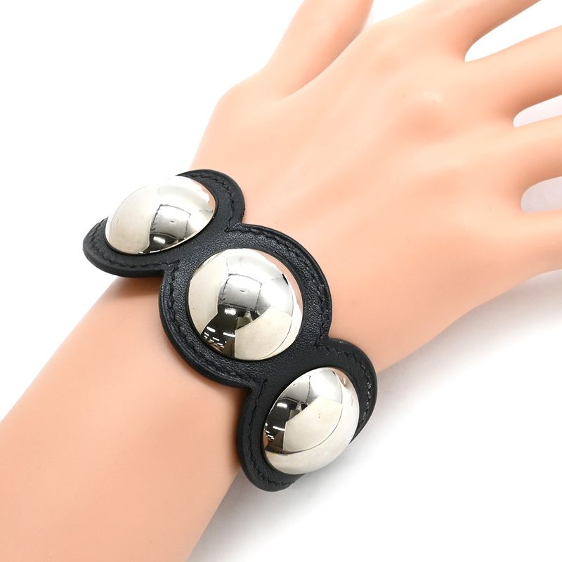 Hermes Bracelet Pass Age Clute Leather GP Black T2 Silver Hardware Black