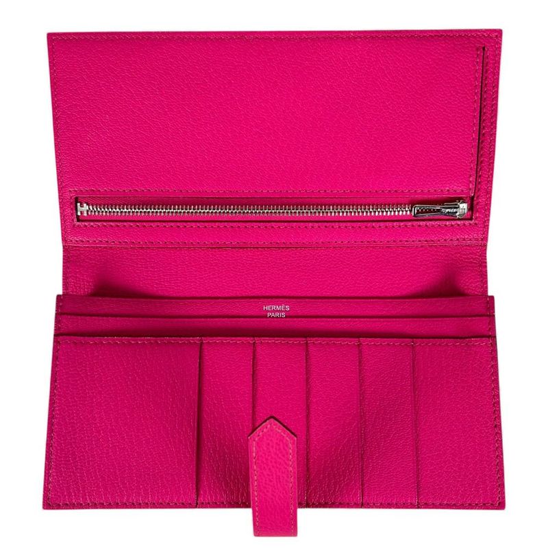 Hermes Long Wallet Women's Bifold Bearn Hermes □O Chevre Pink Silver Hardware