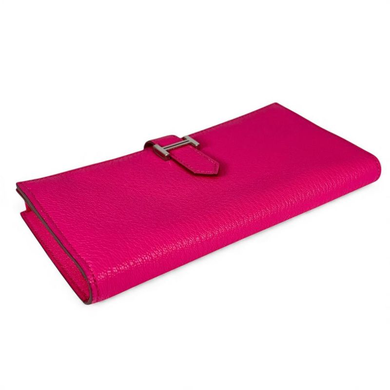 Hermes Long Wallet Women's Bifold Bearn Hermes □O Chevre Pink Silver Hardware