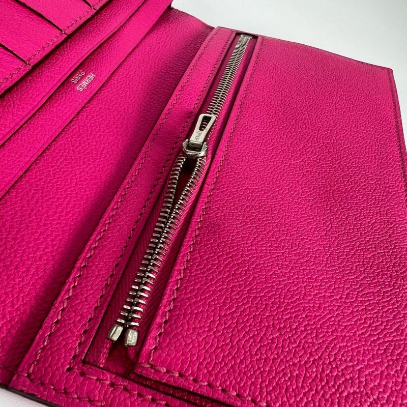 Hermes Long Wallet Women's Bifold Bearn Hermes □O Chevre Pink Silver Hardware