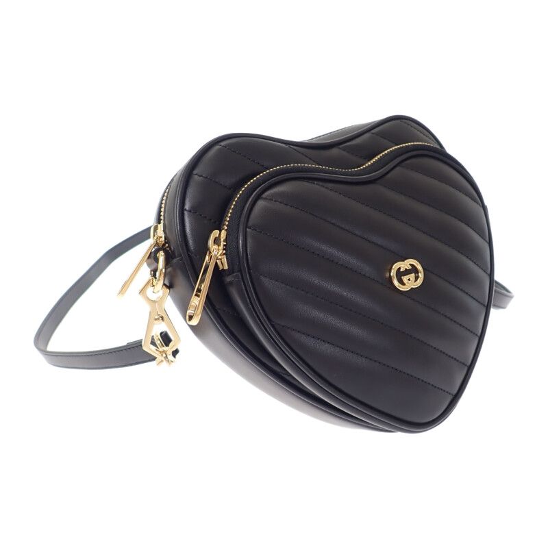 Gucci Interlocking G Heart 751628 Shoulder Bag Calf Black Gold Hardware Ladies
