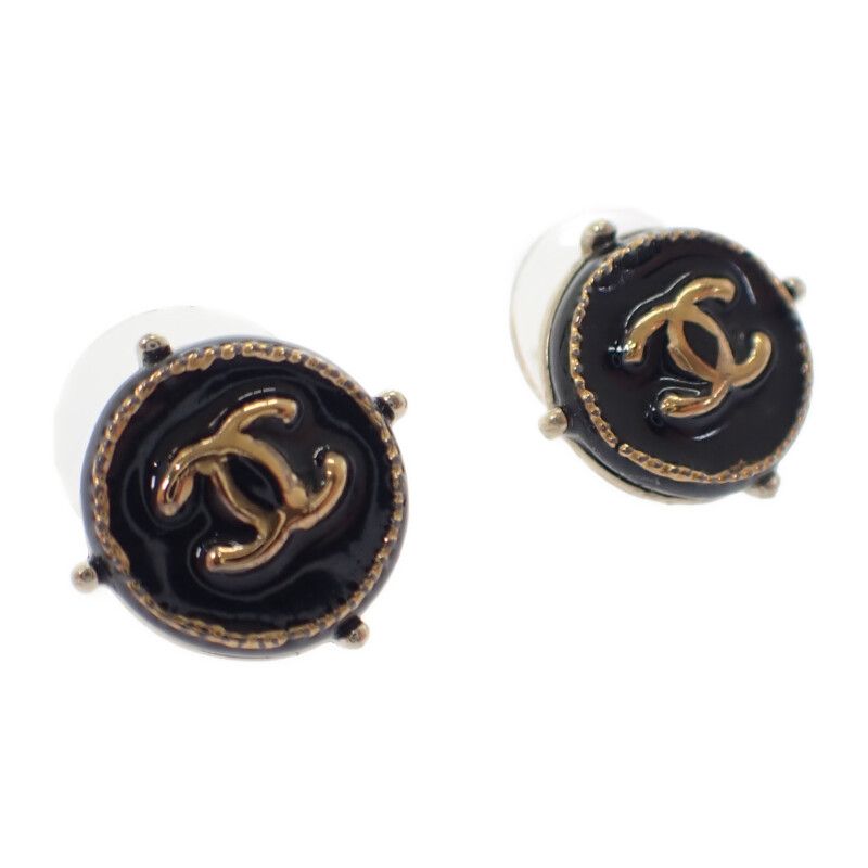 Chanel Coco Mark Earrings Metal Black Gold Hardware Ladies Unisex [AB Rank