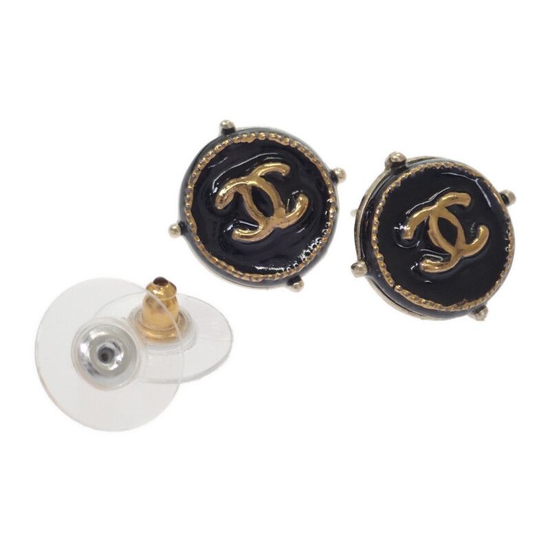 Chanel Coco Mark Earrings Metal Black Gold Hardware Ladies Unisex [AB Rank