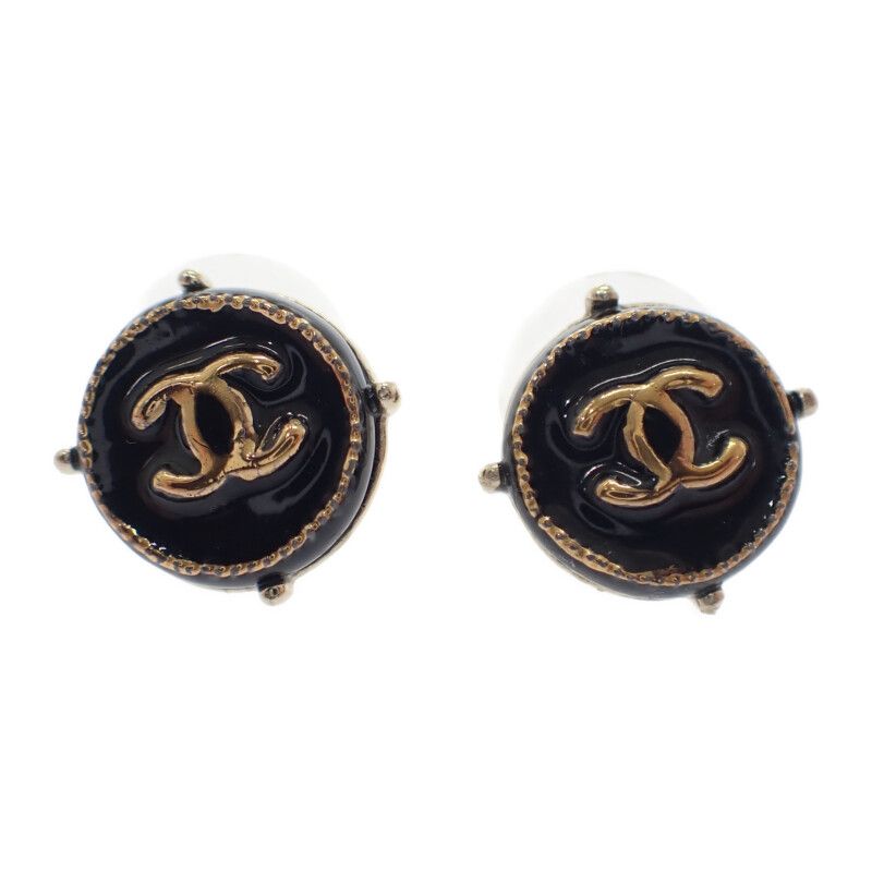 Chanel Coco Mark Earrings Metal Black Gold Hardware Ladies Unisex [AB Rank