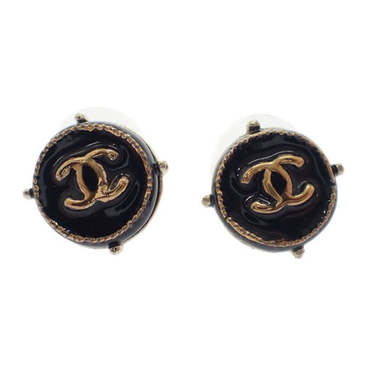 Chanel Coco Mark Earrings Metal Black Gold Hardware Ladies Unisex [AB Rank