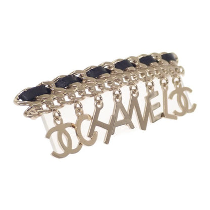 Chanel CC Logo Chain Brooch Metal Leather Gold Black Ladies Accessories Cute